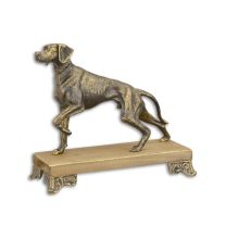 A CAST IRON FIGURINE OF A HOUND MOUNTED ON WOODEN BASE
