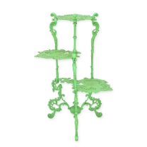 A CAST IRON 3 TIER FLOWER TABLE, GREEN