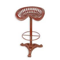 A CAST IRON BAR STOOL, RED