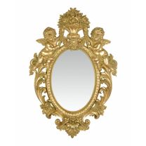 A RESIN WALL MIRROR FLANKED BY TWO PUTTI