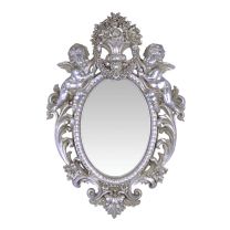 A RESIN WALL MIRROR FLANKED BY TWO PUTTI