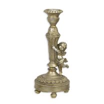 A RESIN CANDLE-STICK MOUNTED WITH A PUTTO