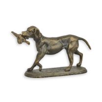 A CAST IRON FIGURINE OF A HOUND WITH PHEASANT