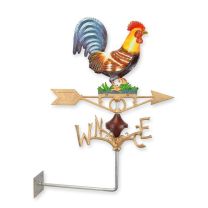 A CAST IRON WALL MOUNT ROOSTER WEATHER VANE