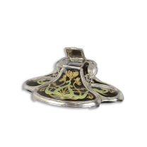 A BRONZE MOUNTED PORCELAIN INKWELL - SILVER PLATED