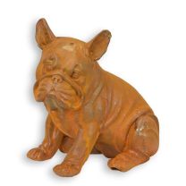 A RUSTY CAST IRON FIGURINE OF A BULLDOG