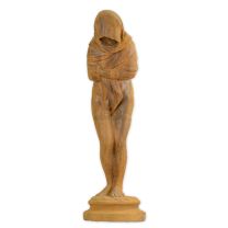 A RUSTY CAST IRON FIGURINE OF A HOODED WOMAN