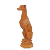 A RUSTY CAST IRON SCULPTURE OF A WHIPPET
