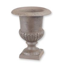 A CAST IRON GARDEN URN - BROWN