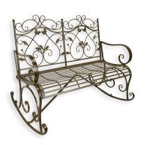 A BROWN IRON GARDEN TWO-SEATER ROCKING BENCH