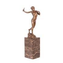A BRONZE SCULPTURE OF A BOY WITH SLINGSHOT
