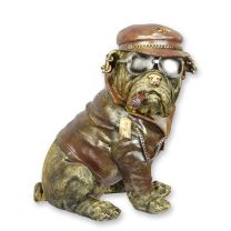 A RESIN FIGURINE OF A DRESSED ENGLISH BULLDOG WITH CIGAR