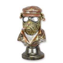 A RESIN BUST OF A DRESSED ENGLISH BULLDOG SMOKING A CIGAR