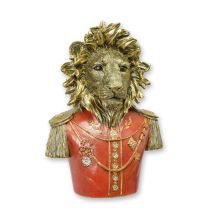 A RESIN BUST OF A DRESSED LION