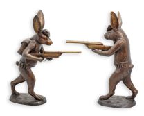 A PAIR OF TWO BRONZE HUNTING HARES