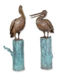 A BRONZE PAIR OF PELICANS ON A LOG FOUNTAINS