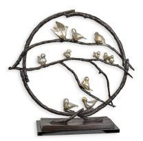 A MODERNIST BRONZE SCULPTURE OF BIRDS IN A TREE