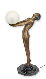 A BRONZE STANDING ART DECO NUDE HOLDING A GLASS BOWL