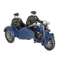 A CAST IRON POLICE MOTORBIKE WITH SIDECAR