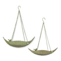 A PAIR OF IRON HANGING LEAF BIRD FEEDERS