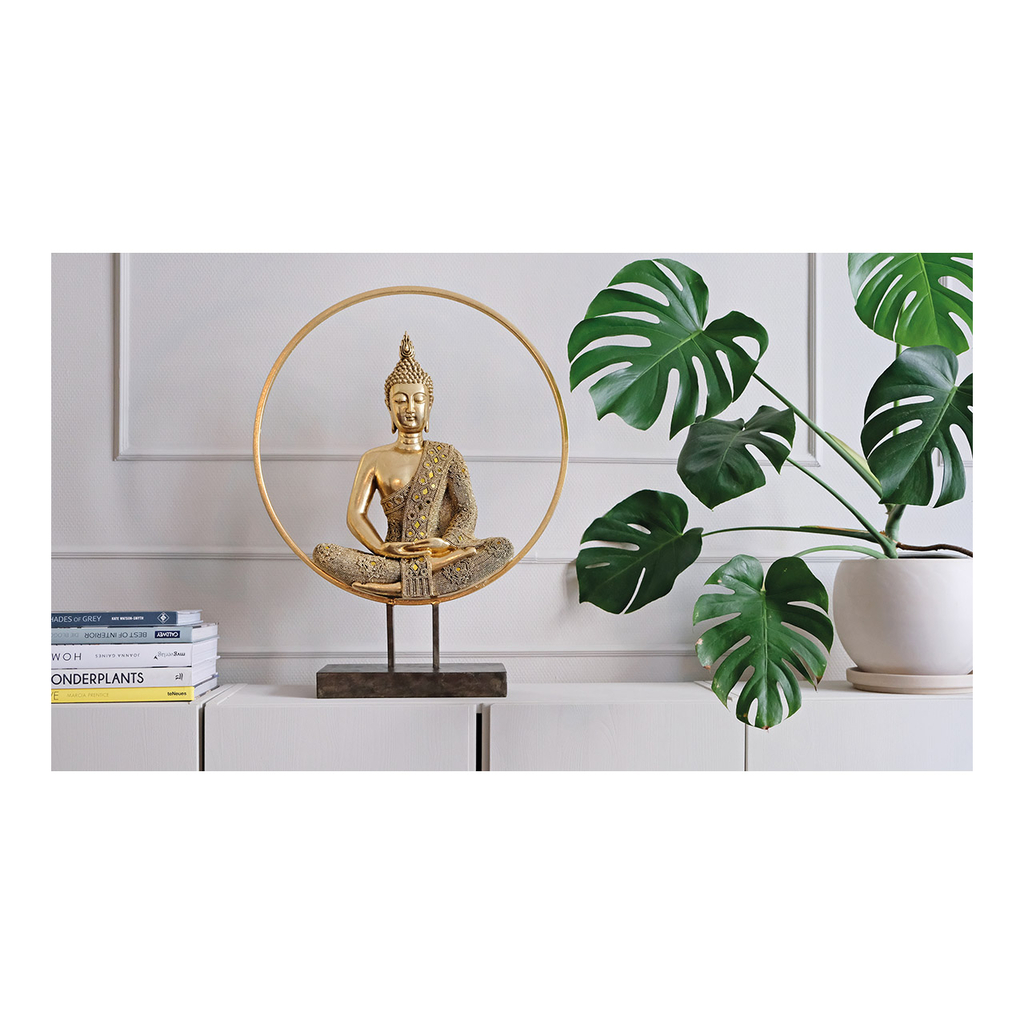 Displaystand\u0020Buddha\u0020in\u0020cirkel\u0020van\u0020poly,\u0020metaal\u0020goud\u0020\u0028B\u002FH\u002FD\u0029\u002049x65x17cm