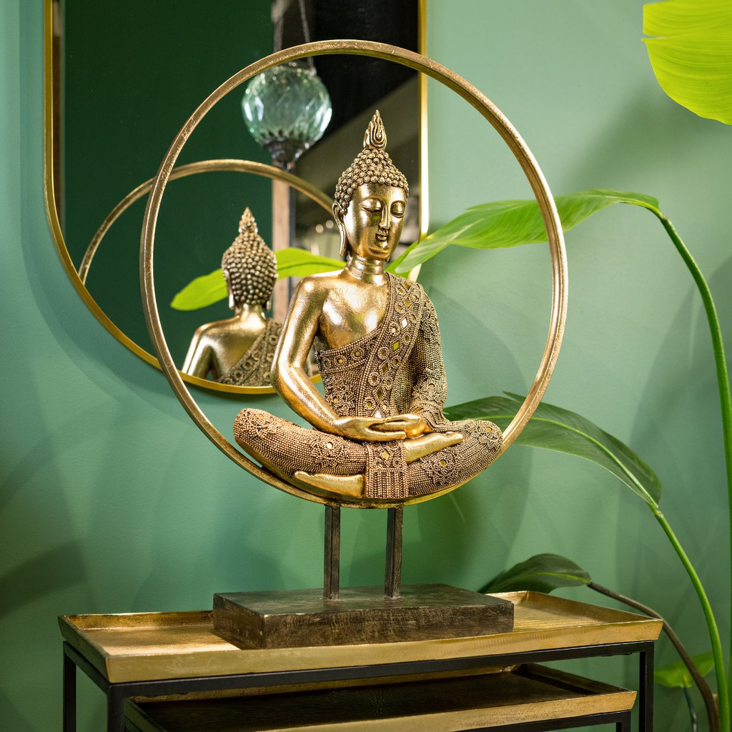 Displaystand\u0020Buddha\u0020in\u0020cirkel\u0020van\u0020poly,\u0020metaal\u0020goud\u0020\u0028B\u002FH\u002FD\u0029\u002049x65x17cm