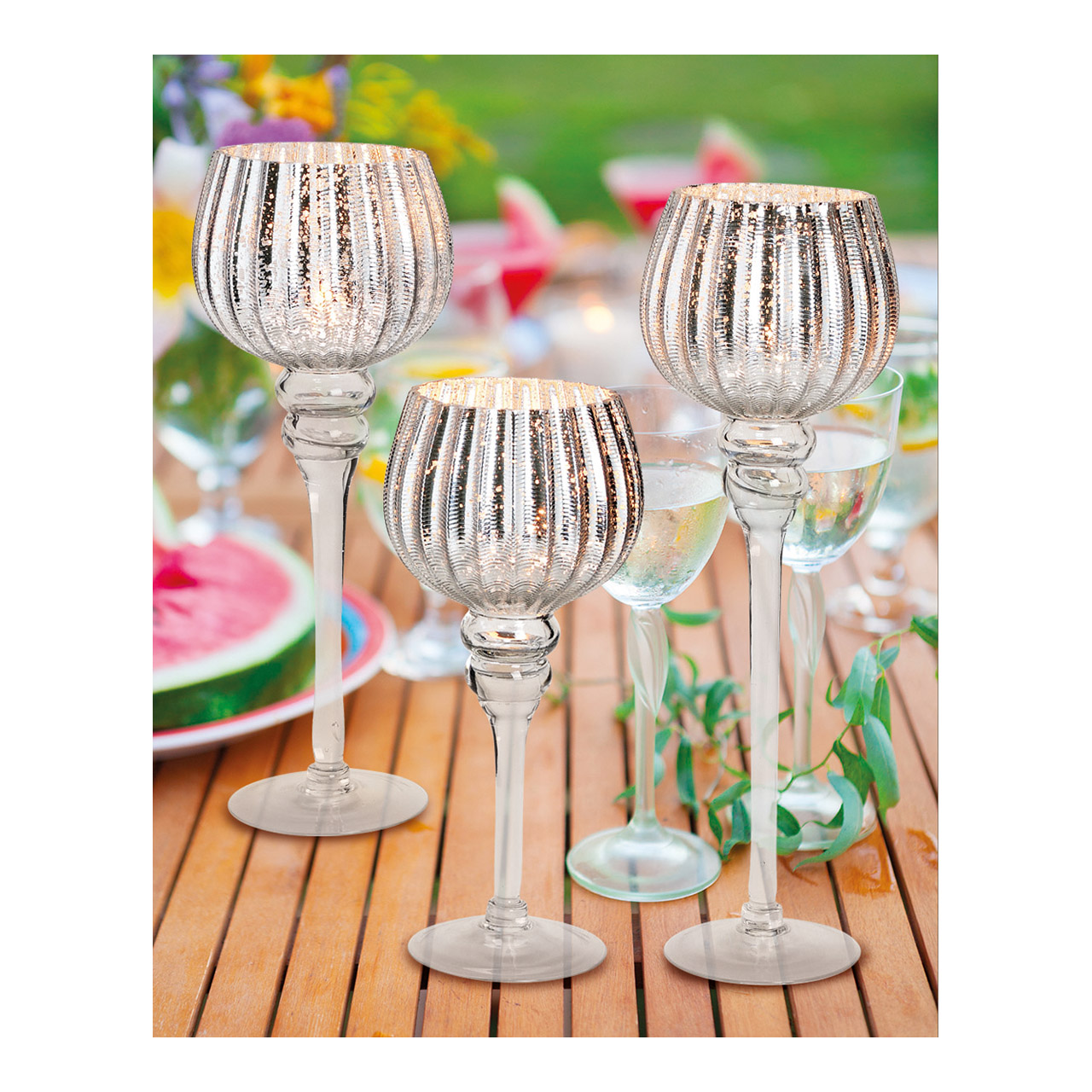 Windlichtset\u0020kelk\u0020geribbeld,\u002030,\u002035,\u002040\u0020cm\u0020x\u0020\u00D813\u0020cm\u0020van\u0020glas,\u0020zilverkleurig,\u0020set\u0020van\u00203