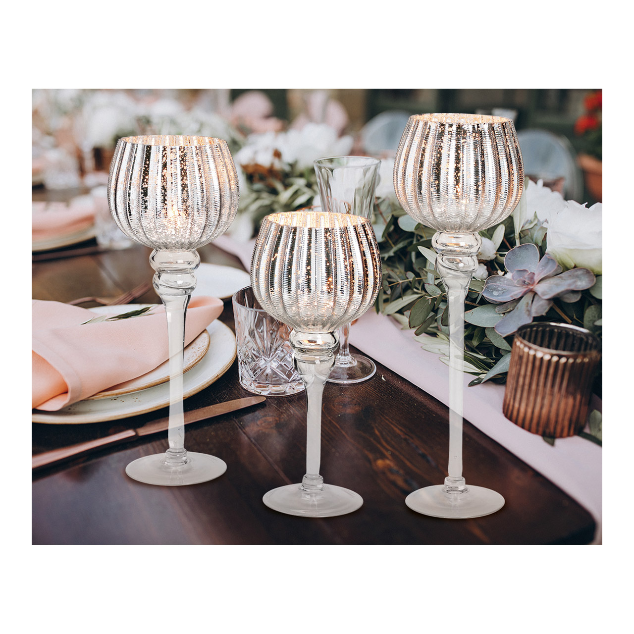 Windlichtset\u0020kelk\u0020geribbeld,\u002030,\u002035,\u002040\u0020cm\u0020x\u0020\u00D813\u0020cm\u0020van\u0020glas,\u0020zilverkleurig,\u0020set\u0020van\u00203