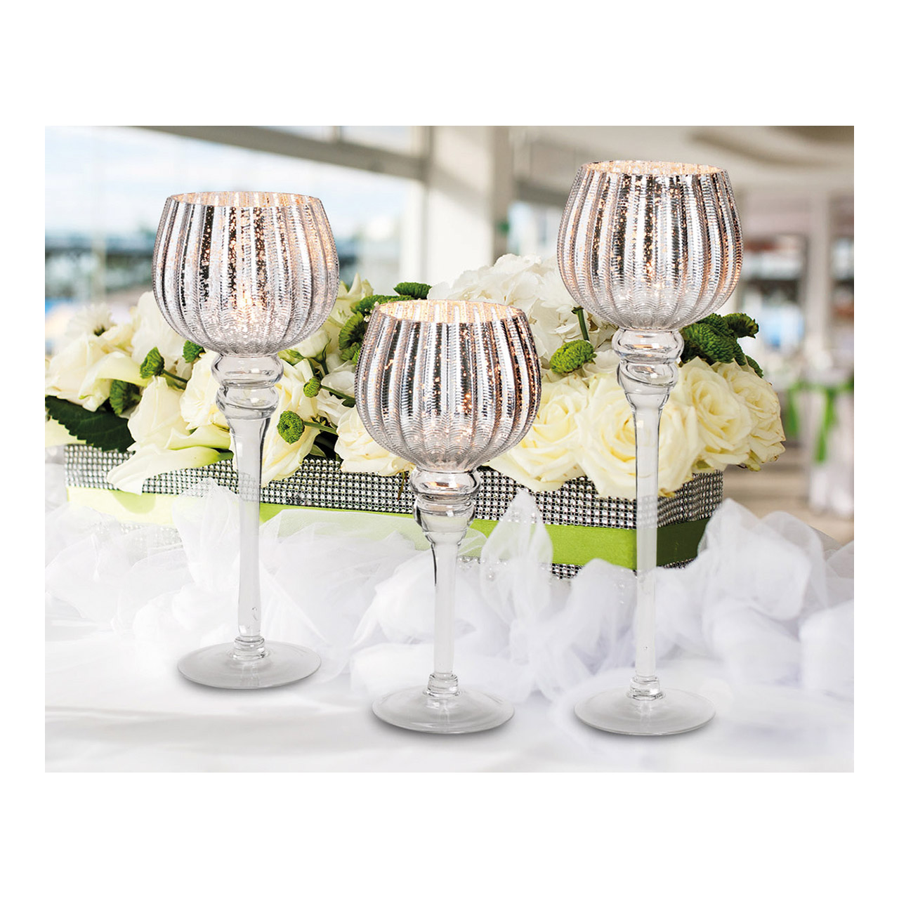 Windlichtset\u0020kelk\u0020geribbeld,\u002030,\u002035,\u002040\u0020cm\u0020x\u0020\u00D813\u0020cm\u0020van\u0020glas,\u0020zilverkleurig,\u0020set\u0020van\u00203