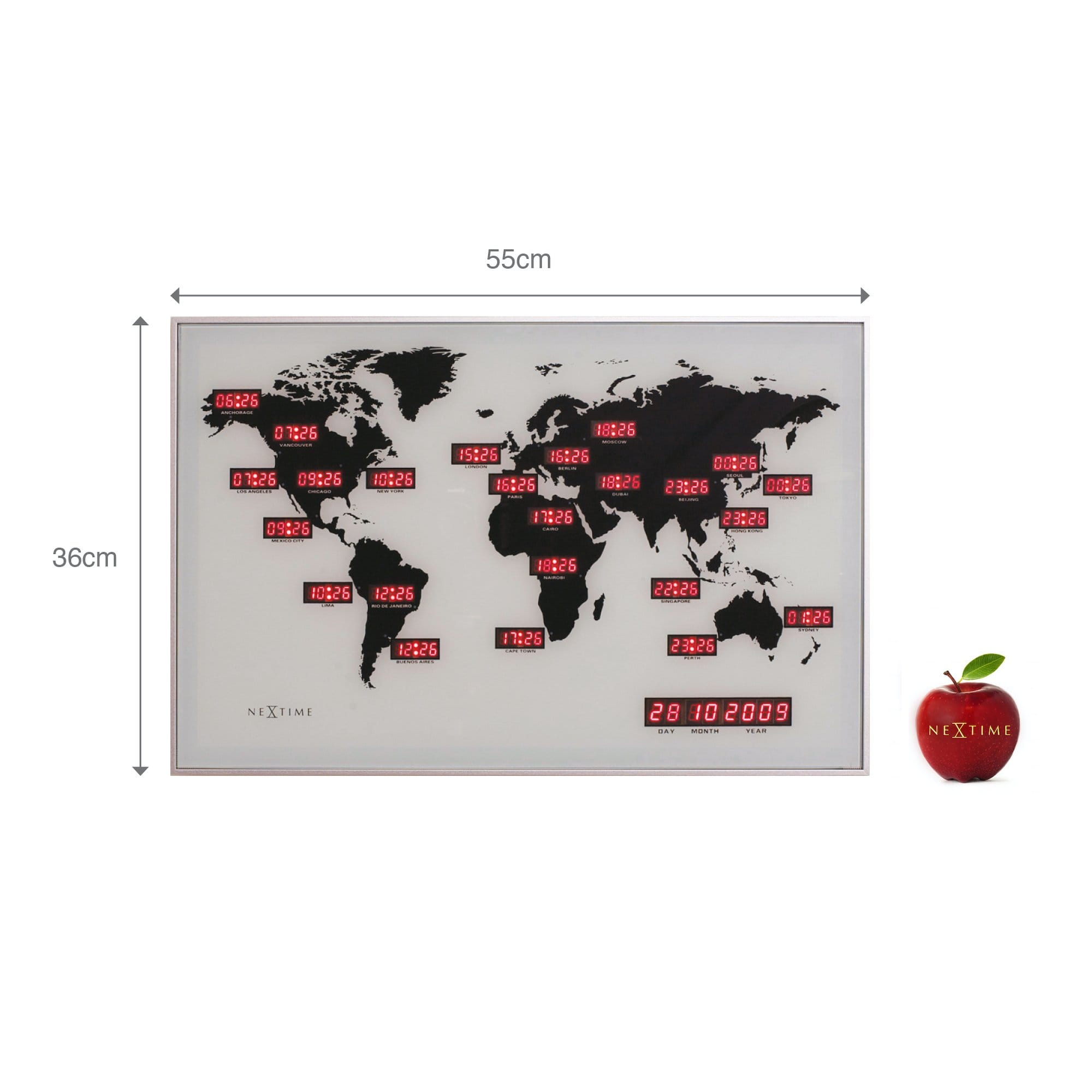 Wandklok\u0020\u002D\u002055\u0020x\u002036\u0020x\u00204\u0020cm\u0020\u002D\u0020Glas\u0020\u002D\u0020Aluminium\u0020\u002D\u0020Wereldklok\u0020\u002D\u0020\u0027World\u0020Time\u0020Digit\u0027