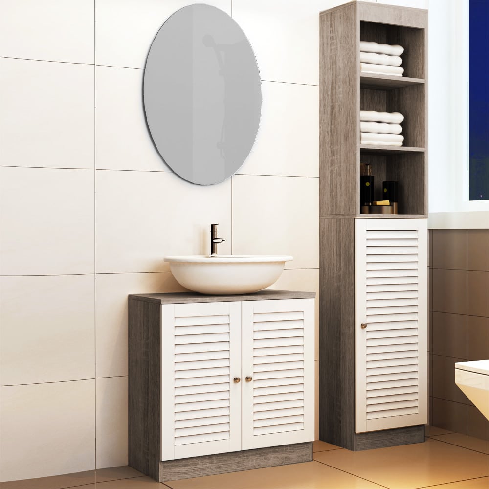 Badkamer\u0020Hoge\u0020Kast\u0020samen\u0020met\u0020Wastafelonderkast\u0020in\u0020bruin\u002Dwit