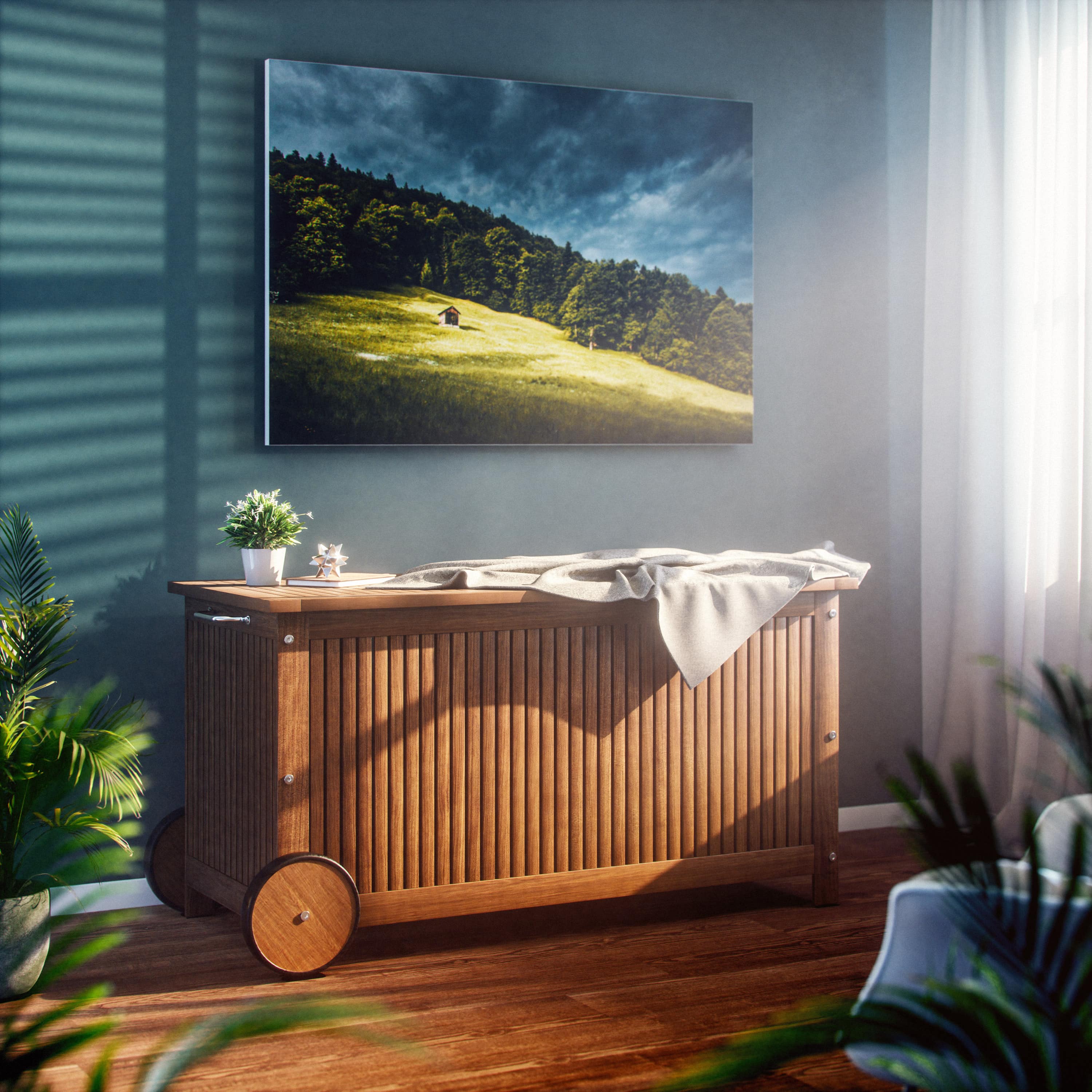Kussenbox\u0020acaciahout\u0020124x52x58cm\u0020met\u0020Wielen