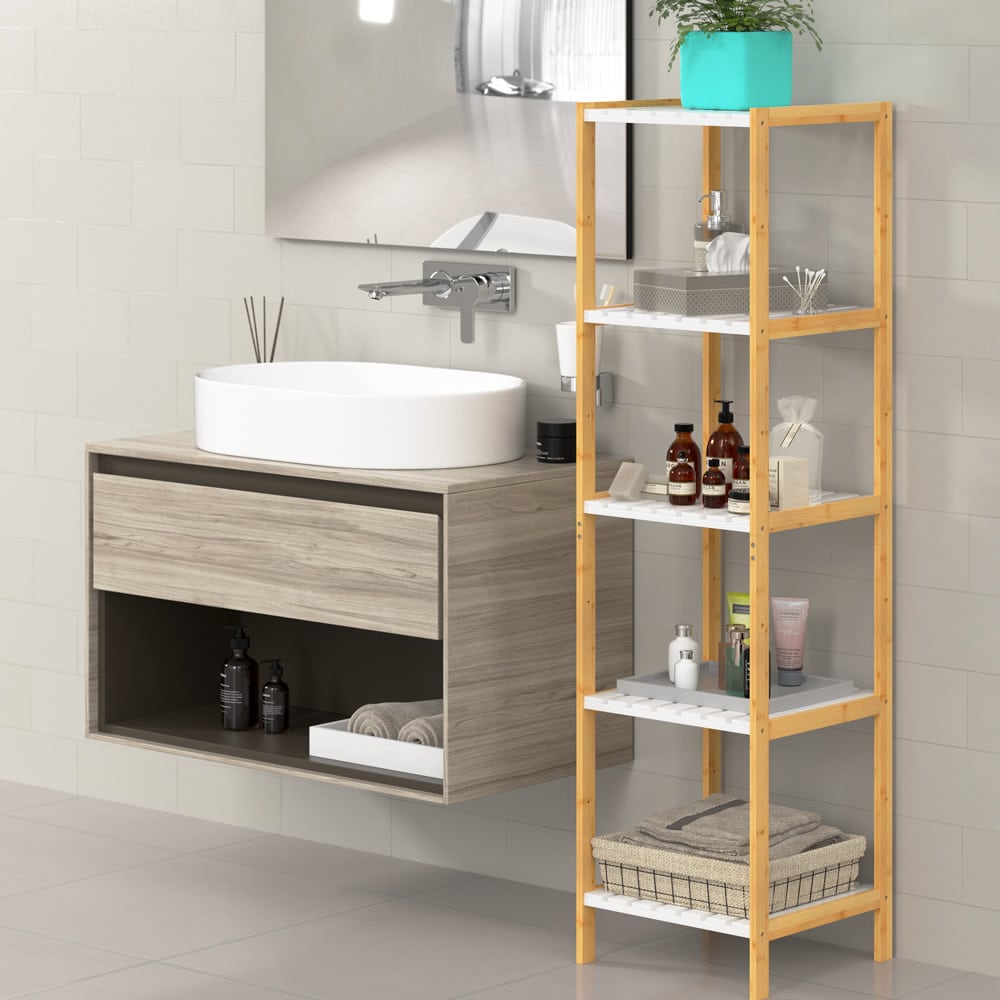 Bamboe\u0020staande\u0020opbergrek\u0020met\u00205\u0020legplanken\u0020Wit\u0020140x33x33cm