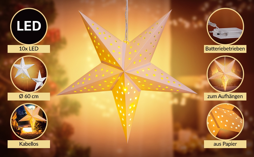 Kerstster\u0020Papier\u0020LED\u0020Cr\u00E8me\u0020\u00D860cm\u00205\u0020Punten\u0020Sterretjes