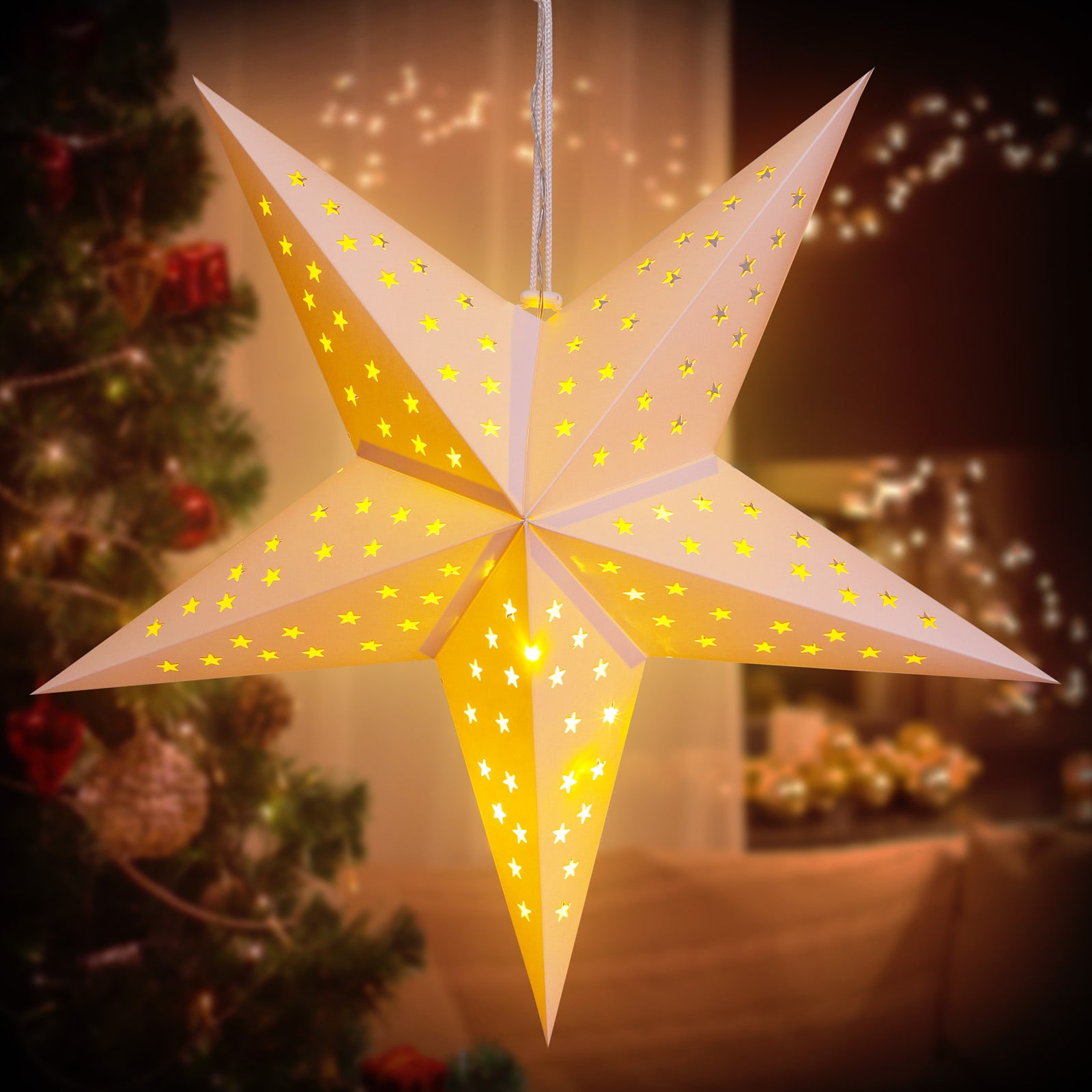 Kerstster\u0020Papier\u0020LED\u0020Cr\u00E8me\u0020\u00D860cm\u00205\u0020Punten\u0020Sterretjes