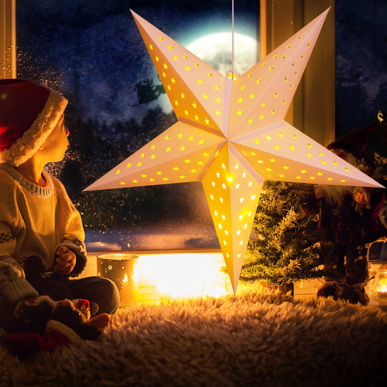 Kerstster\u0020Papier\u0020LED\u0020Cr\u00E8me\u0020\u00D860cm\u00205\u0020Punten\u0020Sterretjes