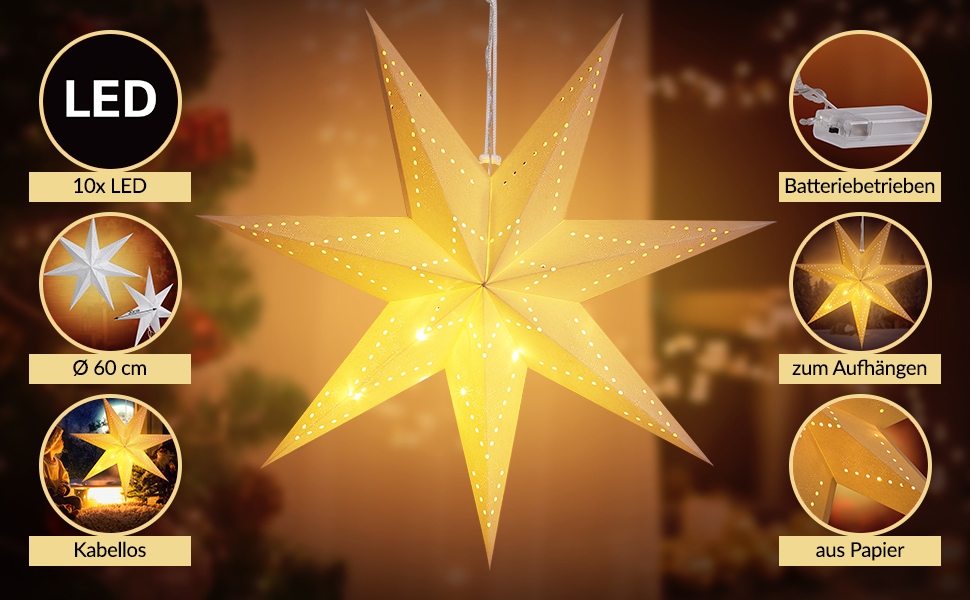 Kerstster\u0020Papier\u0020LED\u0020Cr\u00E8me\u0020\u00D860cm\u00207\u0020Punten\u0020Gaatjes