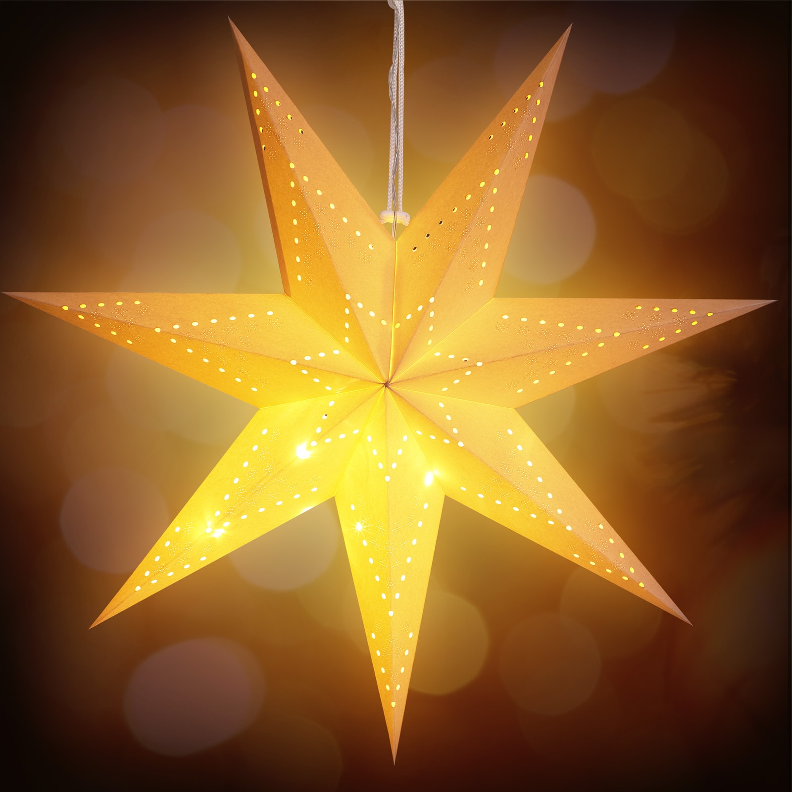 Kerstster\u0020Papier\u0020LED\u0020Cr\u00E8me\u0020\u00D860cm\u00207\u0020Punten\u0020Gaatjes