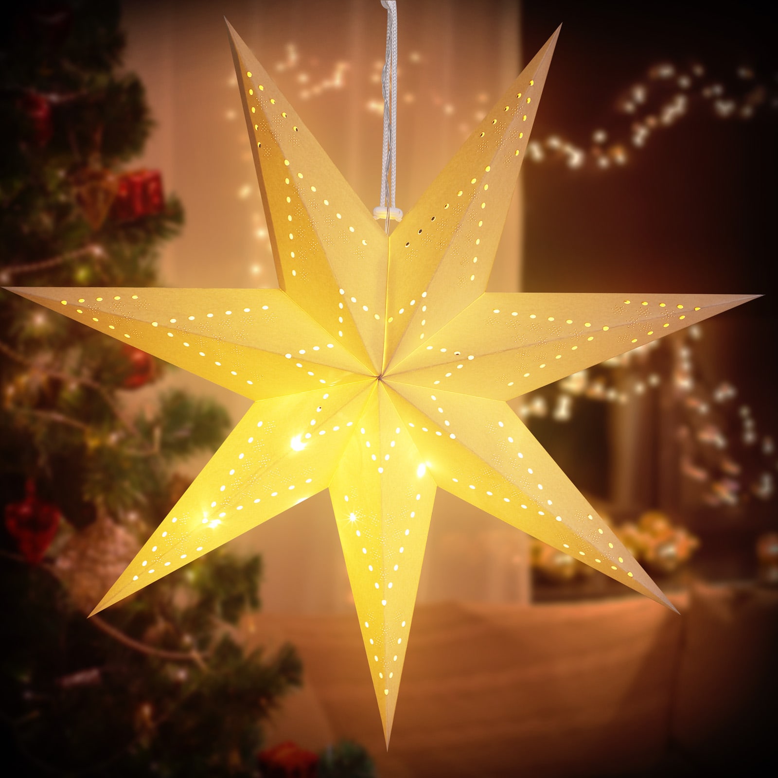 Kerstster\u0020Papier\u0020LED\u0020Cr\u00E8me\u0020\u00D860cm\u00207\u0020Punten\u0020Gaatjes