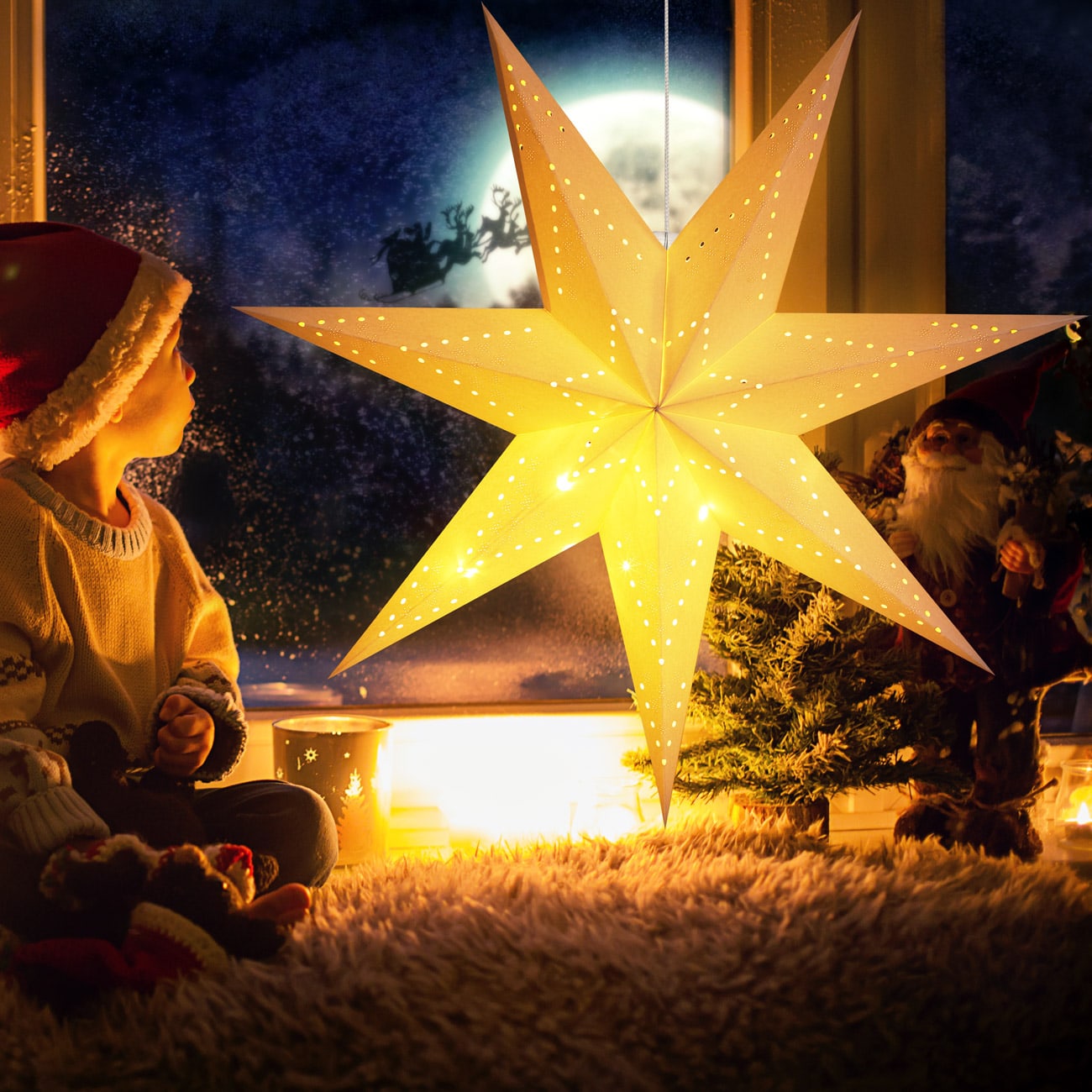 Kerstster\u0020Papier\u0020LED\u0020Cr\u00E8me\u0020\u00D860cm\u00207\u0020Punten\u0020Gaatjes