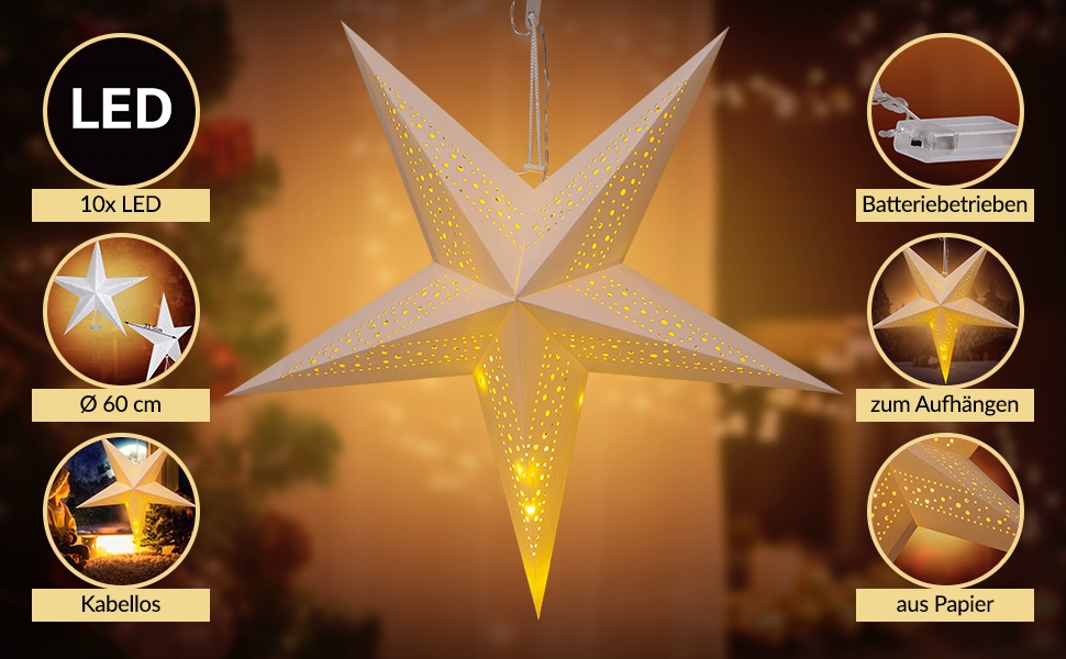 Kerstster\u0020Papier\u0020LED\u0020Cr\u00E8me\u0020\u00D860cm\u00205\u0020Punten\u0020Gaatjes