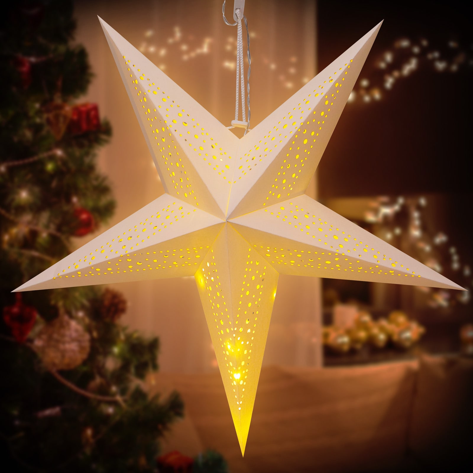 Kerstster\u0020Papier\u0020LED\u0020Cr\u00E8me\u0020\u00D860cm\u00205\u0020Punten\u0020Gaatjes