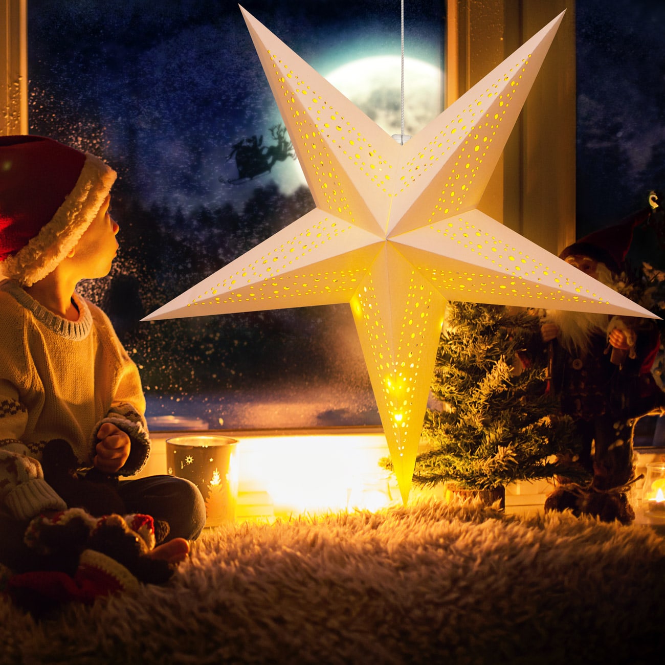 Kerstster\u0020Papier\u0020LED\u0020Cr\u00E8me\u0020\u00D860cm\u00205\u0020Punten\u0020Gaatjes