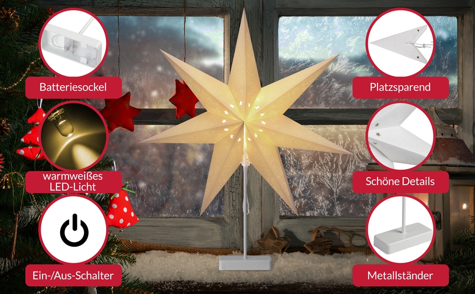 Kerstster\u0020Papier\u0020LED\u0020Wit\u0020Sterretjes\u0020incl\u0020Standaard