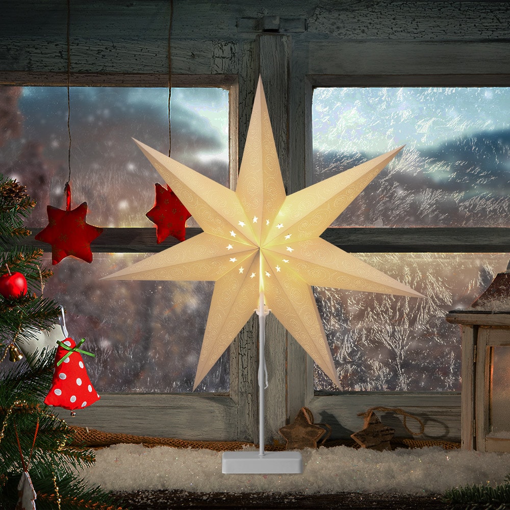 Kerstster\u0020Papier\u0020LED\u0020Wit\u0020Sterretjes\u0020incl\u0020Standaard