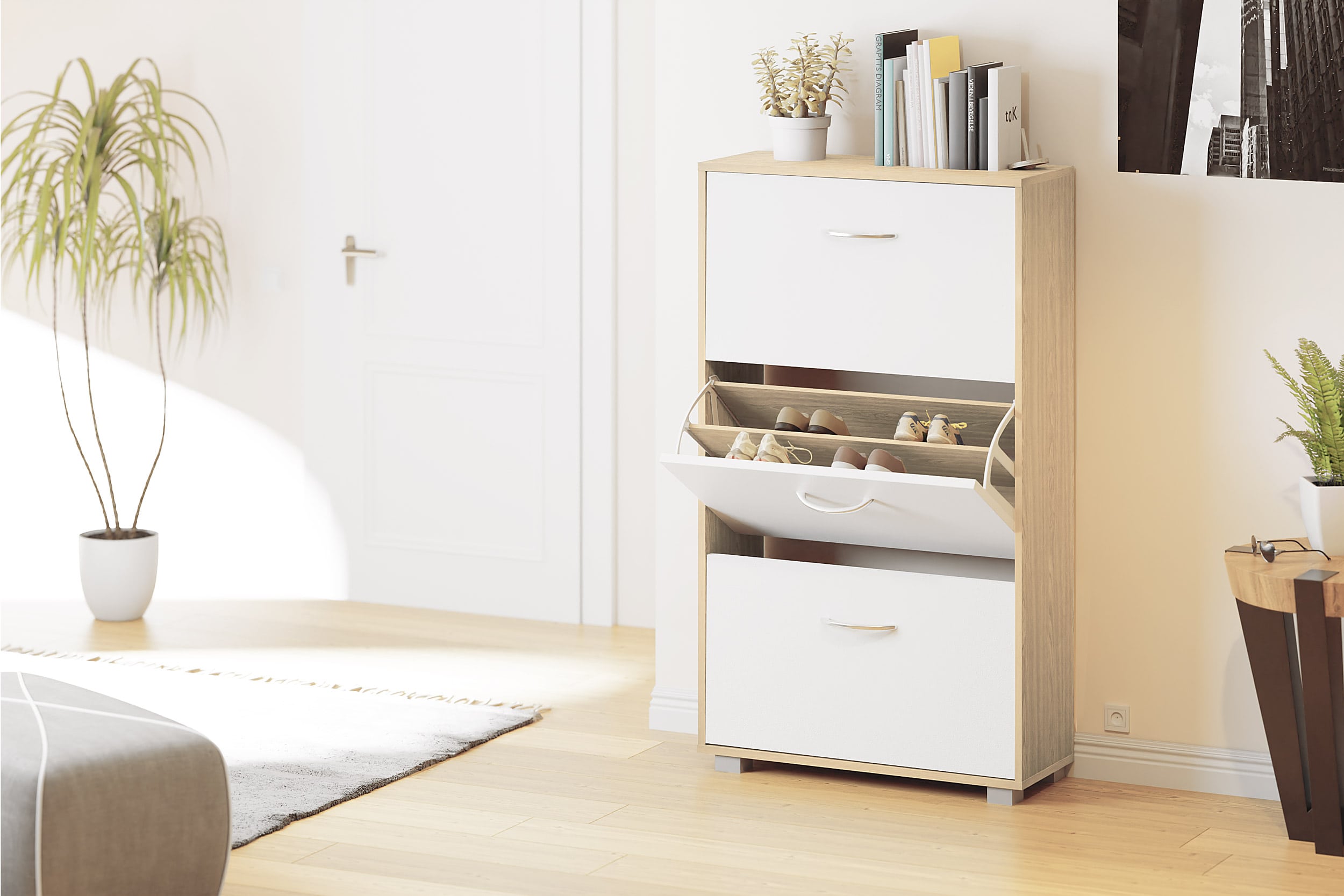 Schoenenkast\u0020Eiken\u002DWit\u0020115x60x24cm\u00203\u0020Kleppen Schoenenkast\u0020Eiken\u002DWit\u0020115x60x24cm\u00203\u0020Kleppen