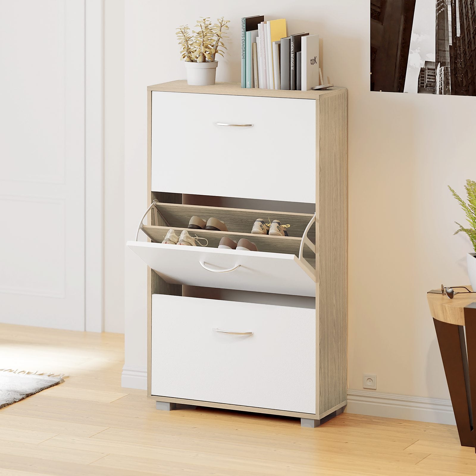 Schoenenkast\u0020Eiken\u002DWit\u0020115x60x24cm\u00203\u0020Kleppen Schoenenkast\u0020Eiken\u002DWit\u0020115x60x24cm\u00203\u0020Kleppen