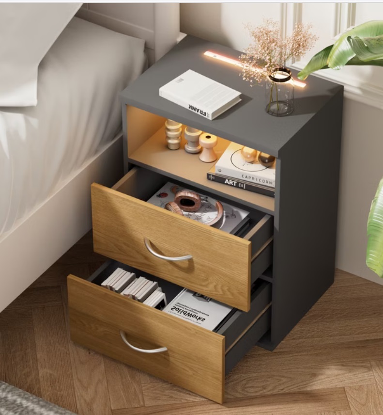 Nachtkastje\u0020Jamie\u0020LED\u002Dverlichting\u0020Set\u0020van\u00202\u0020Hout\u0020Grijs\u002055x40x28cm