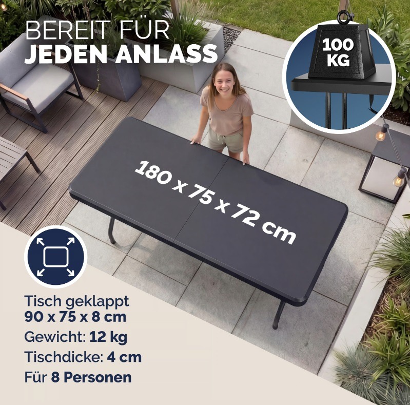 Klaptafel\u0020Antraciet\u0020Kunststof\u0020183x75x73cm\u0020Inklapbaar