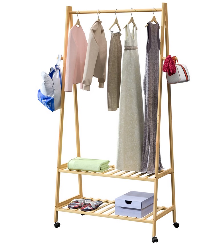 Kledingrek\u0020bamboe\u0020met\u0020wielen\u0020155x70x45cm